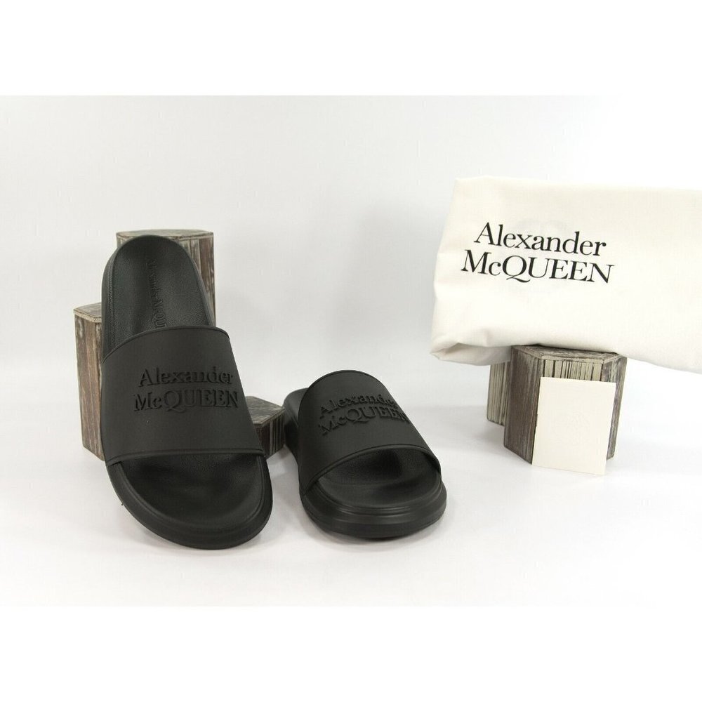 Alexander McQueen Mens Black Debossed Logo Rubber Pool Slides 42 9 NIB